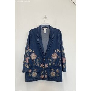 Maggie‎ Sweet Blue Vintage Black Jean Jacket Embroidery Floral - Size PL